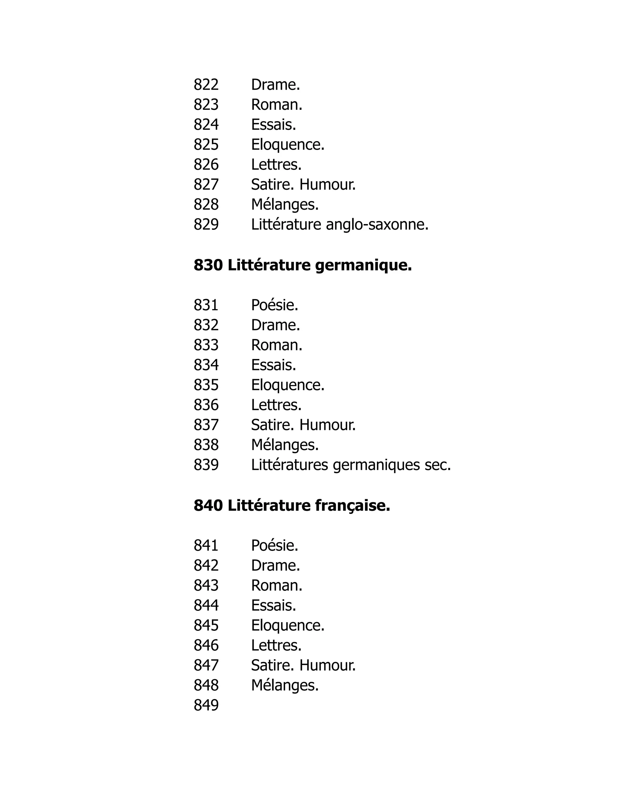 822 Drame.
823 Roman.
824 Essais.
825 Eloquence.
826 Lettres.
827 Satire. Humour.
828 Mélanges.
829 Littérature anglo-saxonne.
830 Littérature germanique.
831 Poésie.
832 Drame.
833 Roman.
834 Essais.
835 Eloquence.
836 Lettres.
837 Satire. Humour.
838 Mélanges.
839 Littératures germaniques sec.
840 Littérature française.
841 Poésie.
842 Drame.
843 Roman.
844 Essais.
845 Eloquence.
846 Lettres.
847 Satire. Humour.
848 Mélanges.
849
 