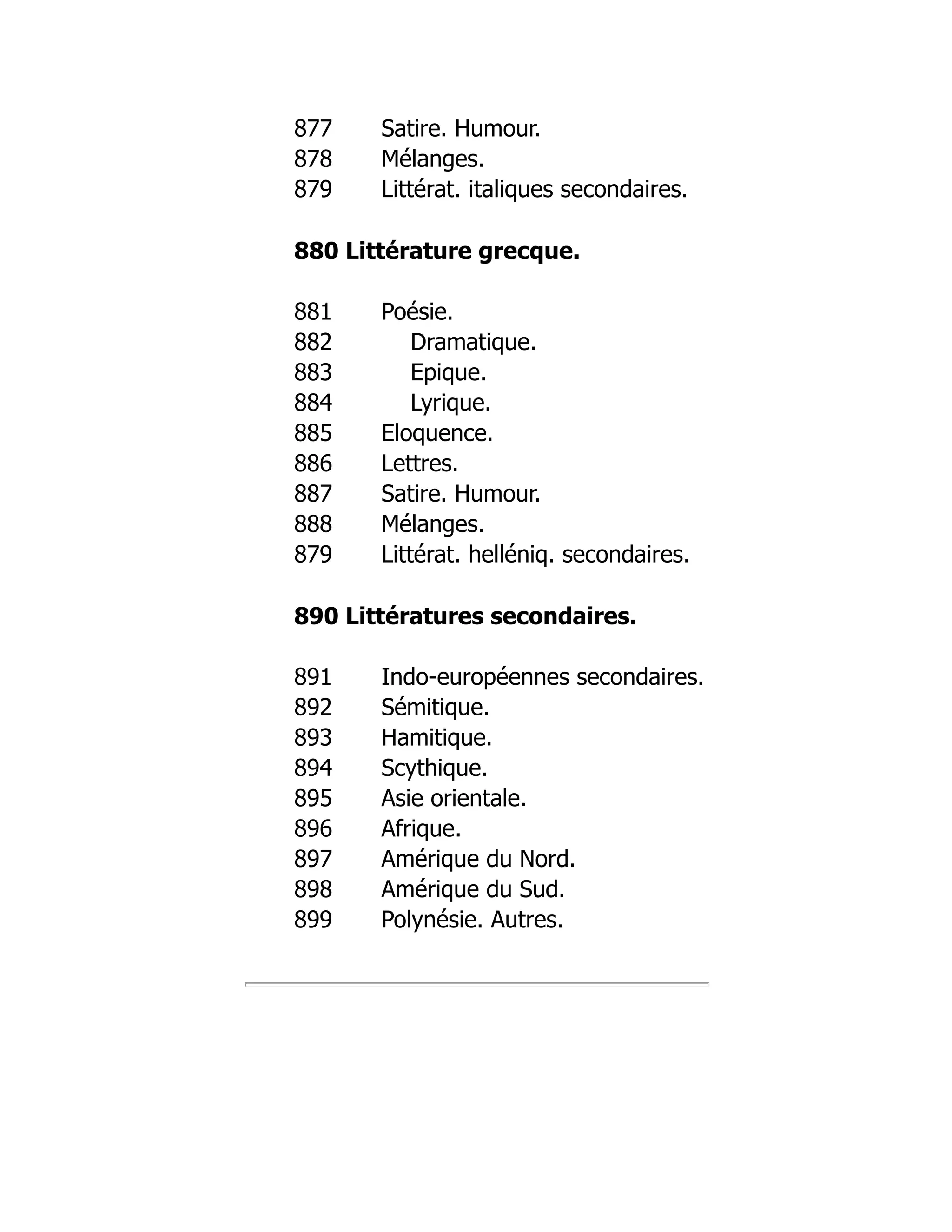 877 Satire. Humour.
878 Mélanges.
879 Littérat. italiques secondaires.
880 Littérature grecque.
881 Poésie.
882 Dramatique.
883 Epique.
884 Lyrique.
885 Eloquence.
886 Lettres.
887 Satire. Humour.
888 Mélanges.
879 Littérat. helléniq. secondaires.
890 Littératures secondaires.
891 Indo-européennes secondaires.
892 Sémitique.
893 Hamitique.
894 Scythique.
895 Asie orientale.
896 Afrique.
897 Amérique du Nord.
898 Amérique du Sud.
899 Polynésie. Autres.
 