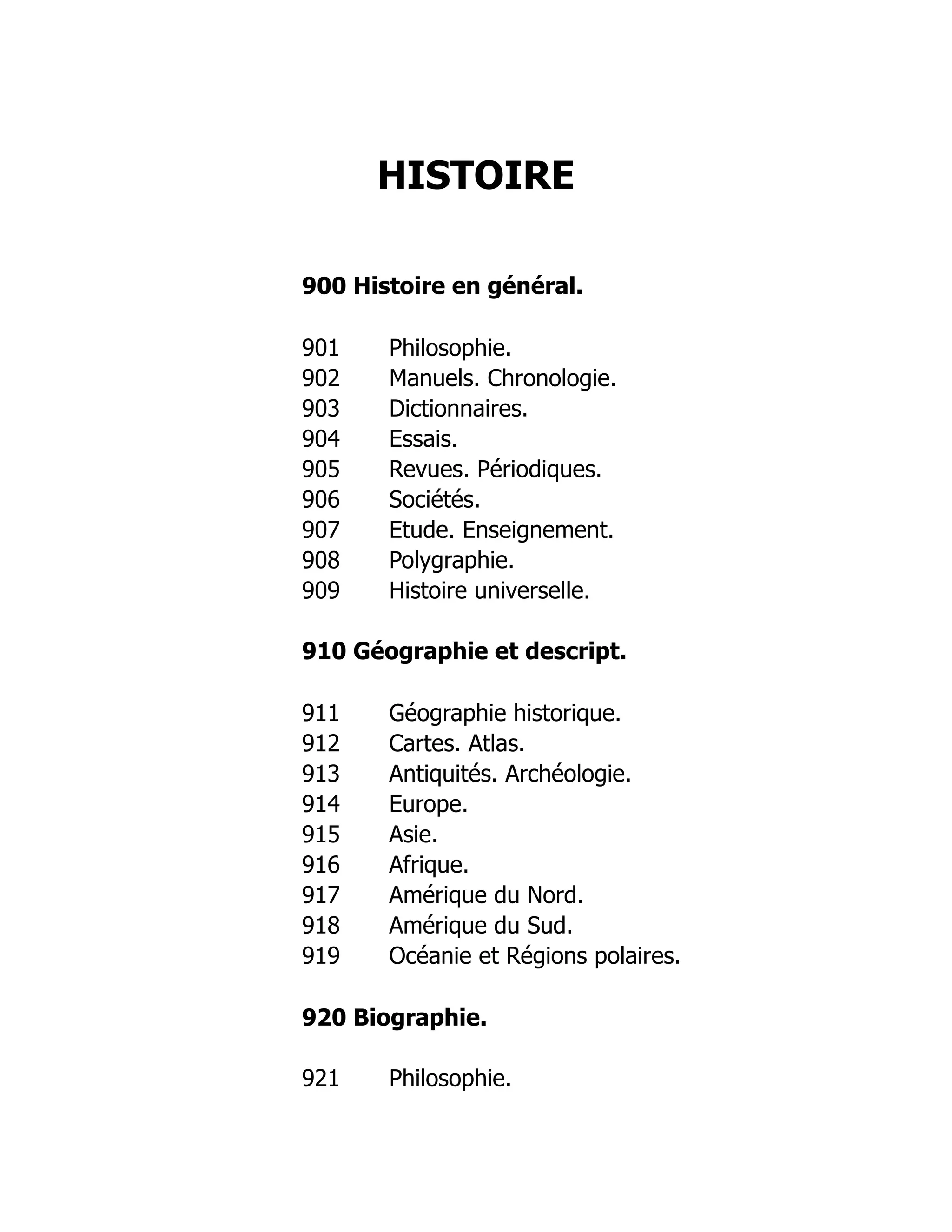HISTOIRE
900 Histoire en général.
901 Philosophie.
902 Manuels. Chronologie.
903 Dictionnaires.
904 Essais.
905 Revues. Périodiques.
906 Sociétés.
907 Etude. Enseignement.
908 Polygraphie.
909 Histoire universelle.
910 Géographie et descript.
911 Géographie historique.
912 Cartes. Atlas.
913 Antiquités. Archéologie.
914 Europe.
915 Asie.
916 Afrique.
917 Amérique du Nord.
918 Amérique du Sud.
919 Océanie et Régions polaires.
920 Biographie.
921 Philosophie.
 