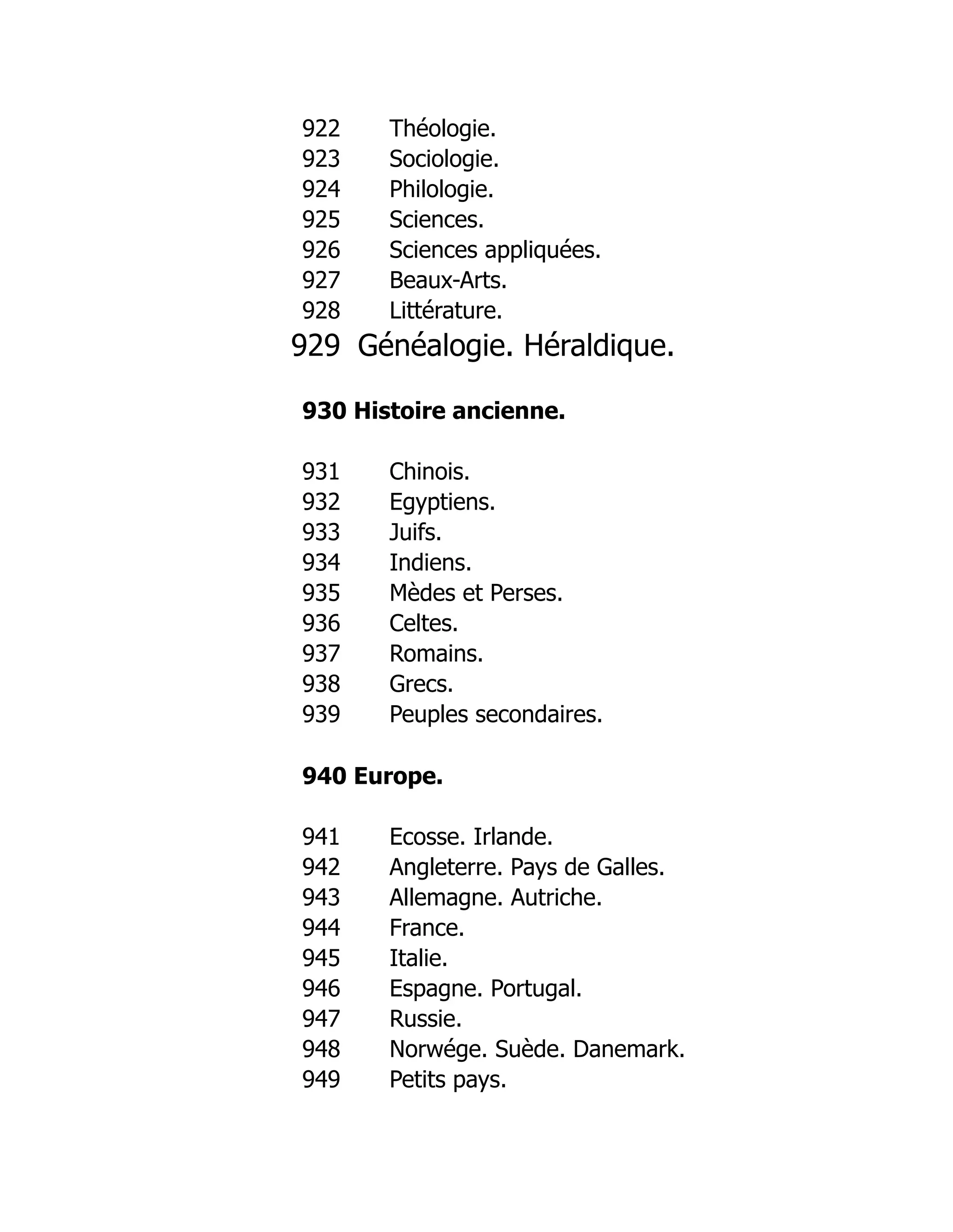 922 Théologie.
923 Sociologie.
924 Philologie.
925 Sciences.
926 Sciences appliquées.
927 Beaux-Arts.
928 Littérature.
929 Généalogie. Héraldique.
930 Histoire ancienne.
931 Chinois.
932 Egyptiens.
933 Juifs.
934 Indiens.
935 Mèdes et Perses.
936 Celtes.
937 Romains.
938 Grecs.
939 Peuples secondaires.
940 Europe.
941 Ecosse. Irlande.
942 Angleterre. Pays de Galles.
943 Allemagne. Autriche.
944 France.
945 Italie.
946 Espagne. Portugal.
947 Russie.
948 Norwége. Suède. Danemark.
949 Petits pays.
 