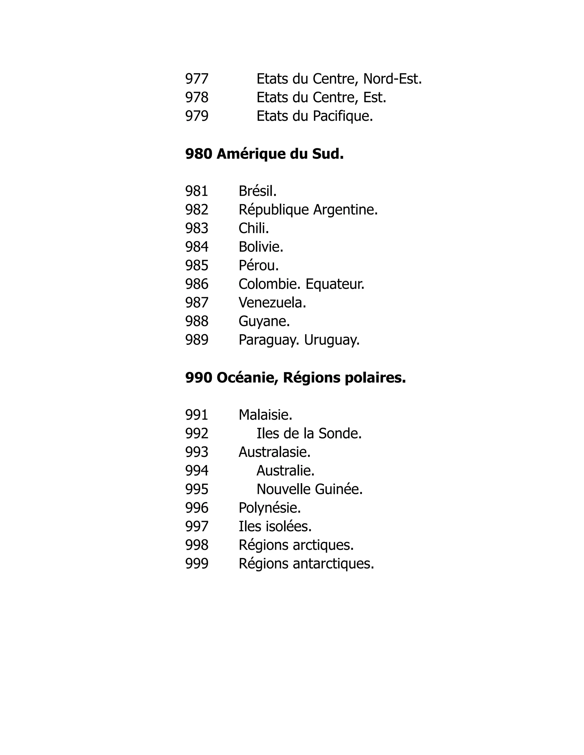 977 Etats du Centre, Nord-Est.
978 Etats du Centre, Est.
979 Etats du Pacifique.
980 Amérique du Sud.
981 Brésil.
982 République Argentine.
983 Chili.
984 Bolivie.
985 Pérou.
986 Colombie. Equateur.
987 Venezuela.
988 Guyane.
989 Paraguay. Uruguay.
990 Océanie, Régions polaires.
991 Malaisie.
992 Iles de la Sonde.
993 Australasie.
994 Australie.
995 Nouvelle Guinée.
996 Polynésie.
997 Iles isolées.
998 Régions arctiques.
999 Régions antarctiques.
 