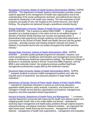 Georgetown University: Master of Health Systems Administration (MHSA) AUPHA
ACEHSA "The Department of Health Systems Administration provides a broad
systems approach to the management of health care organizations and to the
understanding of the social, professional, technical, and political forces that are
essential for leadership in the health care industry. The core emphases of both
programs are quality of care, the hospital as the central resource, and critical
thinking. The programs are delivered through a practitioner-oriented faculty."

George Washington University: Master of Health Services Administration (MHSA)
AUPHA ACEHSA "Top 5 reasons to attend GWU-HSMP... 1. Strength of
reputation as a leading program in the nation and as an accredited program... 2.
Number of full-time faculty teaching core courses and specialty areas; 3.
Extraordinary field experiences through residency and internship placements; 4.
Connections to the School of Public Health and Health Services and the greater
university... specialty courses and meeting students' interests and needs; 5.
Network of successful alumni who are leaders throughout the health services
industry."

Georgia State University: Institute of Health Administration: MHA AUPHA
ACEHSA "...provides quality graduate programs for education, research, and
career development in healthcare administration and management across the full
range of contemporary healthcare organizational settings. The Robinson College of
Business is consistently ranked in the top 10 part-time MBA Programs, and the
MHA is also nationally ranked. Our programs produce qualified healthcare
management professionals sought after by the healthcare industry."

Governors State University: Master of Health Administration (MHA) AUPHA
"...prepares students to assume middle management positions and, after the
requisite years of experience, top executive positions in large health care
institutions."

Hahnemann University: School of Public Health: Master of Public Health (MPH)
"...intended for individuals interested in careers as community educators;
population health planners; policy analysts, evaluators, and researchers; and
managers of health service delivery organizations and systems, managed-care
programs, and other population-based organizations."

Harvard University: Department of Health Policy and Management "...a mission-
oriented department concerned with improving the health care delivery system and
mitigating public health risks in the united states and abroad... dedicated to
resolving major management and health policy problems through original research,
advanced training, and dispute resolution. Research priorities... are organized into
eight broad areas: health financing and insurance... management of health
hazards... management of health care organizations... management and evaluation
 