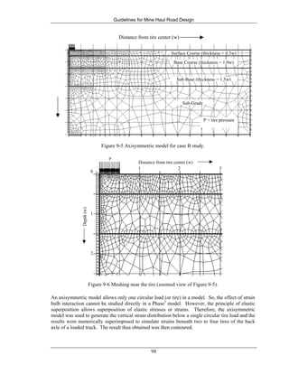 Guidelines for Mine Haul Road Design
98
0
4
2
12108642 14
6
Distance from tire center (w)
Surface Course (thickness = 0.5w)
Base Course (thickness = 1.0w)
Sub-Base (thickness = 1.5w)
Sub-Grade
P = tire pressure
Figure 9-5 Axisymmetric model for case B study.
Distance from tire center (w)
Depth(w)
P
0
1 2 3
1
2
Figure 9-6 Meshing near the tire (zoomed view of Figure 9-5).
An axisymmetric model allows only one circular load (or tire) in a model. So, the effect of strain
bulb interaction cannot be studied directly in a Phase2
model. However, the principle of elastic
superposition allows superposition of elastic stresses or strains. Therefore, the axisymmetric
model was used to generate the vertical strain distribution below a single circular tire load and the
results were numerically superimposed to simulate strains beneath two to four tires of the back
axle of a loaded truck. The result thus obtained was then contoured.
 