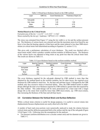 Guidelines for Mine Haul Road Design
40
Table 3-4 Road layer thickness based on the CBR method.
Layer CBR (%) Cover thickness (m) Thickness of layer (m)
Sub-grade 3 2.70 -
Sub- base 10 1.20 1.50
Base 50 0.45 0.75
Surface 100 - 0.45
Method Based on the Critical Strain:
Foot print area of the tire = π (w/2)2
= π (1.2/2)2
= 1.13m2
Stress exerted by the tire (q) = load/area = 80*9.81/1.13 = 690kPa
The stress was estimated from Figure 3-7 using the tire width (w or 2a) and the surface pressure
(q). The thickness of various layers was selected such that the maximum stress level faced by any
layer is less than the bearing capacity of that layer and the strain induced is less than 2000 micro-
strains (or critical strain limit determined according to Equation 12, section 3.3.1).
This gives only a preliminary calculation of cover thickness. The result was checked with a
stress-strain model, which considers variable resilient modulus of different layers. The thickness
of the various layers was adjusted to bring strain at any point less than the critical strain limit.
The results are shown in Table 3-5.
Table 3-5 Layer thickness based on the resilient modulus method.
Layer Bearing Capacity
(kPa)
Resilient modulus
(MPa)
Cover thickness
(m)
Thickness of layer
(m)
Sub-grade 80 40 2.04 -
Sub- base 150 80 1.44 0.60
Base 400 200 0.58 0.86
Surface 700 350 - 0.58
The cover thickness required for the sub-grade obtained by CBR method is more than that
obtained by the method based on the resilient modulus, but for other layers, the required cover
thickness by CBR method is much less. So, the base and sub-base layers, if designed by the CBR
method, may face excessive strain or structural failure. Thus, the CBR method results in under-
design although the total cover thickness required by CBR method is greater than that required by
the other method. This under-design will be more pronounced for a haul road with a longer
design life as the strain limit would be lower than 2000 micro-strains, say 1500 micro-strains,
thus increasing the thickness of the base and sub-base layers.
3.5 Correlation Between the Vertical Strain and Surface Deflection
While a critical strain criterion is useful for design purposes, it is useful to convert strains into
displacements because displacements are easily observed in the field.
A number of haul road cross-sections were numerically analyzed to study the relation between
vertical strain and the deflection generated both at the surface and the top of the sub-grade (Figure
3-9 & Figure 3-10). Following were the assumptions for the analyses:
• Tire pressure (uniform distribution over a circular contact area) and tire diameter are given in
Table 3-7,
 