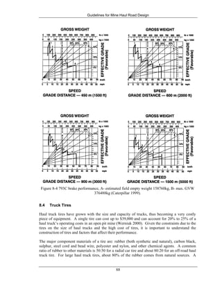 Guidelines for Mine Haul Road Design
88
Figure 8-4 793C brake performance, A- estimated field empty weight 158760kg, B- max. GVW
376488kg (Caterpillar 1999).
8.4 Truck Tires
Haul truck tires have grown with the size and capacity of trucks, thus becoming a very costly
piece of equipment. A single tire can cost up to $39,000 and can account for 20% to 25% of a
haul truck’s operating costs in an open pit mine (Werniuk 2000). Given the constraints due to the
tires on the size of haul trucks and the high cost of tires, it is important to understand the
construction of tires and factors that affect their performance.
The major component materials of a tire are: rubber (both synthetic and natural), carbon black,
sulphur, steel cord and bead wire, polyester and nylon, and other chemical agents. A common
ratio of rubber to other materials is 50:50 for a radial car tire and about 80:20 for an off-road haul
truck tire. For large haul truck tires, about 80% of the rubber comes from natural sources. A
 