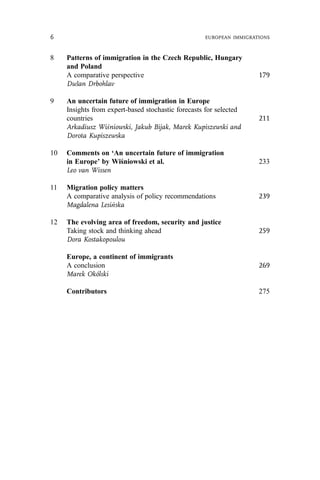 8 Patterns of immigration in the Czech Republic, Hungary
and Poland
A comparative perspective 179
Dušan Drbohlav
9 An uncertain future of immigration in Europe
Insights from expert-based stochastic forecasts for selected
countries 211
Arkadiusz Wiśniowski, Jakub Bijak, Marek Kupiszewski and
Dorota Kupiszewska
10 Comments on ‘An uncertain future of immigration
in Europe’ by Wiśniowski et al. 233
Leo van Wissen
11 Migration policy matters
A comparative analysis of policy recommendations 239
Magdalena Lesińska
12 The evolving area of freedom, security and justice
Taking stock and thinking ahead 259
Dora Kostakopoulou
Europe, a continent of immigrants
A conclusion 269
Marek Okólski
Contributors 275
6 EUROPEAN IMMIGRATIONS
 