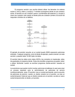 ISMAEL ALDANA FERNANDEZ 10
INSTITUTO TECNOLOGICO DE ORIZABA
El programa servidor que escriba deberá utilizar las llamadas de sistema
socker (), bind (), listen (), accept (). Y mientras el programa cliente es una conexión
activa, el servidor es una conexión pasiva. Las llamadas del sistemas () y accept ()
crean una conexión solo cuando el cliente pide una conexión (similar a la acción de
responder al timbre de un teléfono.
El ejemplo de servidor escucha en un socket (puerto 8000) esperando peticiones
entrantes. Cualquier programa, como el cliente de ejemplo, puede conectar con este
servidor y pasarle hasta 16.384 bytes de datos.
El servidor trata los datos como datos ASCII y los convierte en mayúsculas antes
de pasárselos a! programa cliente. Estos dos sencillos programas se pueden volver
a utilizar fácilmente cuando se escriban programas cliente-servidor basados en
socket.
Los servidores que pueden recibir muchas peticiones simultáneas lo usan para crear
un proceso separado para la administración de peticiones de servicio
constitucionalmente caras. El servidor crea un socket permanente para la escucha
de peticiones de servicio; cuando un cliente conecta con el servidor, se crea un
socket temporal. Cada vez que un cliente conecta con un servidor, se abre un nuevo
socket temporal entre el cliente y el servidor.
 