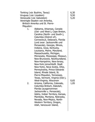 Tonking (via: Bushire, Tavoy) 6,30
Uruguay (via: Lissabon) 9,50
Venezuela (via: Galveston) 5,20
Vereinigte Staaten von Amerika,
Britisch Amerika und St. Pierre-
Miquelon:
1. Alabama, Arkansas, Canada
(Ost- und West-), Cape Breton,
Carolina (North- und South-),
Columbia (District of),
Connecticut, Delaware, Florida
(und zwar: Jacksonville und
Pensacola), Georgia, Illinois,
Indiana, Iowa, Kentucky,
Louisiana, Maine, Maryland,
Massachusetts, Michigan,
Minnesota, Mississippi, Missouri,
New-Brunswick, Newfoundland,
New-Hampshire, New-Jersey,
New-York (einschließl. Stadt
New-York), Nova Scotia, Ohio,
Pennsylvania, Prince Edwards
Island, Rhode Island, St.
Pierre-Miquelon, Tennessee,
Texas, Vermont, Virginia (Ost-),
West-Virginia, Wisconsin 0,65
2. Arizona, California, Colorado,
Columbia Britisch, Dakotah,
Florida (ausgenommen
Jacksonville u. Pensacola),
Idaho, Indian Territory, Kansas,
Manitoba, Montana, Nebraska,
Nevada, New-Mejico, North-
Western Territory, Oregon,
Utah, Vancouver Island,
1,05
 