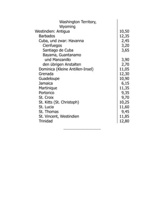 Washington Territory,
Wyoming
Westindien: Antigua 10,50
Barbados 12,35
Cuba, und zwar: Havanna 2,45
Cienfuegos 3,20
Santiago de Cuba 3,65
Bayama, Guantanamo
und Manzanillo 3,90
den übrigen Anstalten 2,70
Dominica (Kleine Antillen-Insel) 11,05
Grenada 12,30
Guadeloupe 10,90
Jamaica 6,15
Martinique 11,35
Portorico 9,35
St. Croix 9,70
St. Kitts (St. Christoph) 10,25
St. Lucia 11,60
St. Thomas 9,45
St. Vincent, Westindien 11,85
Trinidad 12,80
 