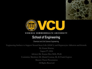 Engineering Surfaces to Support Neural Stem Cells (hNSC’s) and Hepatocytes Adhesion and Growth.
By: Karan Sharma
August 9th, 2016
Advisor: Dr. Xuejun Wen M.D., Ph.D.
Committee Members: Dr. Daniel Conway, Dr. B. Frank Gupton
Masters Thesis Presentation
All Rights Reserved
 