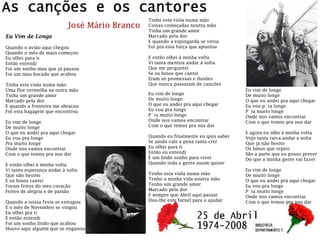 Eu Vim de Longe
Quando o avião aqui chegou
Quando o mês de maio começou
Eu olhei para ti
Então entendi
Foi um sonho mau que já passou
Foi um mau bocado que acabou
Tinha esta viola numa mão
Uma flor vermelha na outra mão
Tinha um grande amor
Marcado pela dor
E quando a fronteira me abraçou
Foi esta bagagem que encontrou
Eu vim de longe
De muito longe
O que eu andei pra aqui chegar
Eu vou pra longe
Pra muito longe
Onde nos vamos encontrar
Com o que temos pra nos dar
E então olhei à minha volta
Vi tanta esperança andar à solta
Que não hesitei
E os hinos cantei
Foram feitos do meu coração
Feitos de alegria e de paixão
Quando a nossa festa se estragou
E o mês de Novembro se vingou
Eu olhei pra ti
E então entendi
Foi um sonho lindo que acabou
Houve aqui alguém que se enganou
Tinha esta viola numa mão
Coisas começadas noutra mão
Tinha um grande amor
Marcado pela dor
E quando a espingarda se virou
Foi pra esta força que apontou
E então olhei à minha volta
Vi tanta mentira andar à solta
Que me perguntei
Se os hinos que cantei
Eram só promessas e ilusões
Que nunca passaram de canções
Eu vim de longe
De muito longe
O que eu andei pra aqui chegar
Eu vou pra longe
P´ra muito longe
Onde nos vamos encontrar
Com o que temos pra nos dar
Quando eu finalmente eu quis saber
Se ainda vale a pena tanto crer
Eu olhei para ti
Então eu entendi
É um lindo sonho para viver
Quando toda a gente assim quiser
Tenho esta viola numa mão
Tenho a minha vida noutra mão
Tenho um grande amor
Marcado pela dor
E sempre que Abril aqui passar
Dou-lhe este farnel para o ajudar
Eu vim de longe
De muito longe
O que eu andei pra aqui chegar
Eu vou p´ra longe
P´ra muito longe
Onde nos vamos encontrar
Com o que temos pra nos dar
E agora eu olho à minha volta
Vejo tanta raiva andar a solta
Que já não hesito
Os hinos que repito
São a parte que eu posso prever
Do que a minha gente vai fazer
Eu vim de longe
De muito longe
O que eu andei prá aqui chegar
Eu vou pra longe
P´ra muito longe
Onde nos vamos encontrar
Com o que temos pra nos dar
José Mário Branco
 