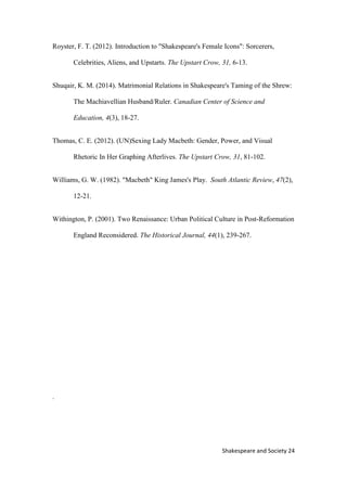 24Shakespeare and Society
Royster, F. T. (2012). Introduction to "Shakespeare's Female Icons": Sorcerers,
Celebrities, Aliens, and Upstarts. The Upstart Crow, 31, 6-13.
Shuqair, K. M. (2014). Matrimonial Relations in Shakespeare's Taming of the Shrew:
The Machiavellian Husband/Ruler. Canadian Center of Science and
Education, 4(3), 18-27.
Thomas, C. E. (2012). (UN)Sexing Lady Macbeth: Gender, Power, and Visual
Rhetoric In Her Graphing Afterlives. The Upstart Crow, 31, 81-102.
Williams, G. W. (1982). "Macbeth" King James's Play. South Atlantic Review, 47(2),
12-21.
Withington, P. (2001). Two Renaissance: Urban Political Culture in Post-Reformation
England Reconsidered. The Historical Journal, 44(1), 239-267.
.
 