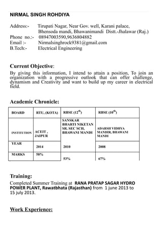 NIRMAL SINGH ROHDIYA
Address:- Tirupati Nagar, Near Gov. well, Karani palace,
Bhensoda mandi, Bhawanimandi Distt.-Jhalawar (Raj.)
Phone no.:- 08947003590,9636804882
Email :- Nirmalsinghrock9381@gmail.com
B.Tech:- Electrical Engineering
Current Objective:
By giving this information, I intend to attain a position, To join an
organization with a progressive outlook that can offer challenge,
dynamism and Creativity and want to build up my career in electrical
field.
Academic Chronicle:
BOARD RTU, (KOTA) RBSE (12
th
) RBSE (10
th
)
INSTITUTION ACEIT ,
JAIPUR
SANSKAR
BHARTI NIKETAN
SR. SEC SCH,
BHAWANI MANDI
ADARSH VIDHYA
MANDIR, BHAWANI
MANDI
YEAR
2014 2010 2008
MARKS 58%
53% 67%
Training:
Completed Summer Training at RANA PRATAP SAGAR HYDRO
POWER PLANT, Rawatbhata (Rajasthan) from 1 june 2013 to
15 july 2013.
Work Experience:
 