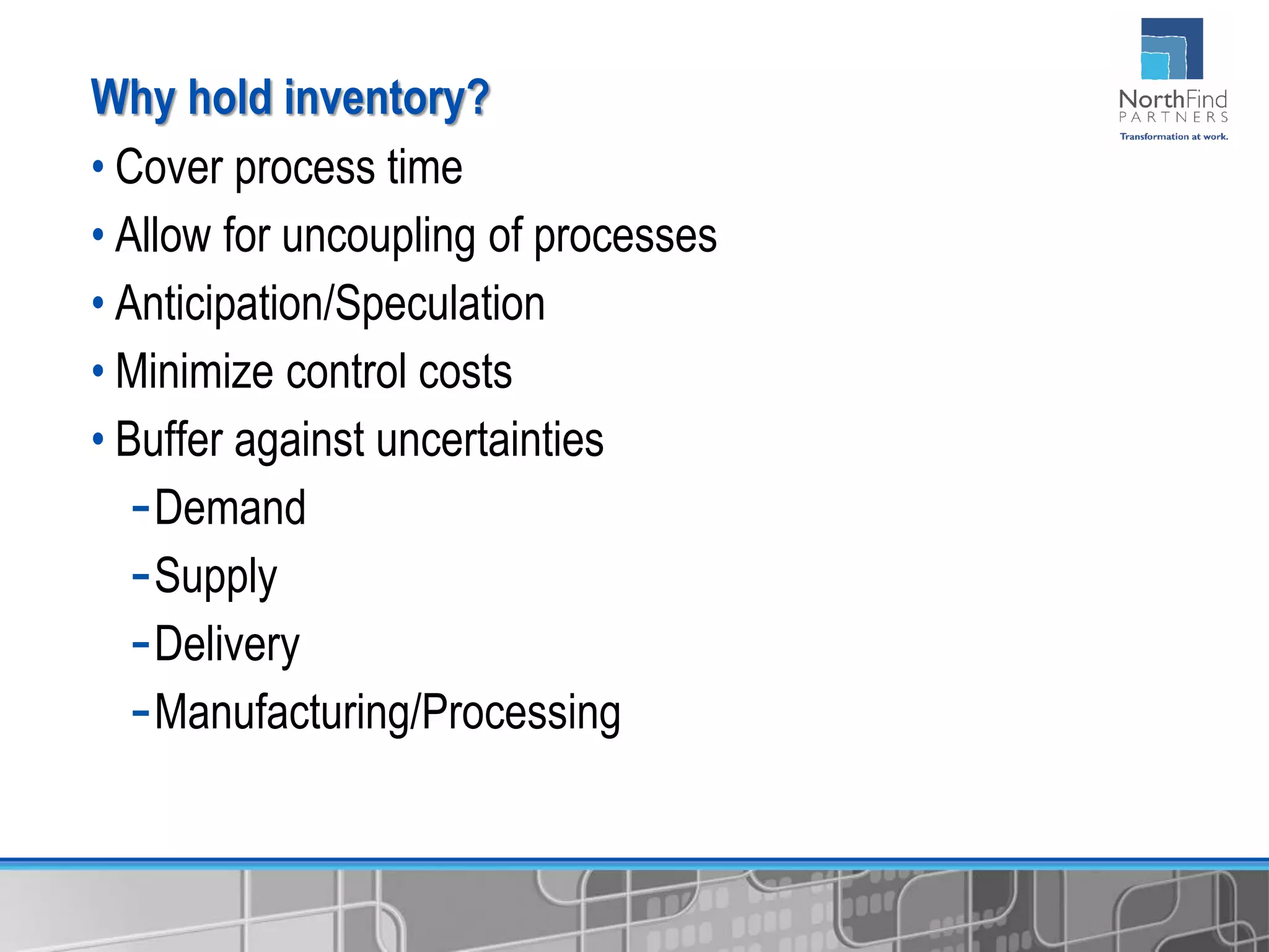 Why hold inventory?
• Cover process time
• Allow for uncoupling of processes
• Anticipation/Speculation
• Minimize control costs
• Buffer against uncertainties
-Demand
-Supply
-Delivery
-Manufacturing/Processing
 