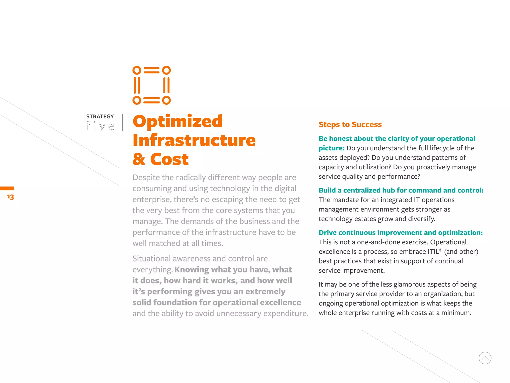 Despite the radically different way people are
consuming and using technology in the digital
enterprise, there’s no escaping the need to get
the very best from the core systems that you
manage. The demands of the business and the
performance of the infrastructure have to be
well matched at all times.
Situational awareness and control are
everything.Knowing what you have, what
it does, how hard it works, and how well
it’s performing gives you an extremely
solid foundation for operational excellence
and the ability to avoid unnecessary expenditure.
13
Optimized
Infrastructure
& Cost
STRATEGY
Steps to Success
Be honest about the clarity of your operational
picture: Do you understand the full lifecycle of the
assets deployed? Do you understand patterns of
capacity and utilization? Do you proactively manage
service quality and performance?
Build a centralized hub for command and control:
The mandate for an integrated IT operations
management environment gets stronger as
technology estates grow and diversify.
Drive continuous improvement and optimization:
This is not a one-and-done exercise. Operational
excellence is a process, so embrace ITIL®
(and other)
best practices that exist in support of continual
service improvement.
It may be one of the less glamorous aspects of being
the primary service provider to an organization, but
ongoing operational optimization is what keeps the
whole enterprise running with costs at a minimum.
 