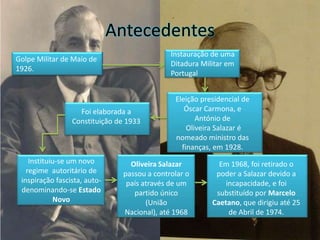 AntecedentesInstauração de uma Ditadura Militar em PortugalGolpe Militar de Maio de 1926.Eleição presidencial de Óscar Carmona (1928)Eleição presidencial de Óscar Carmona, e António de  Oliveira Salazar é nomeado ministro das finanças, em 1928.Foi elaborada a Constituição de 1933Instituiu-se um novo regime  autoritário de inspiração fascista, auto-denominando-se Estado NovoOliveira Salazar passou a controlar o país através de um partido único (União Nacional), até 1968Em 1968, foi retirado o poder a Salazar devido a incapacidade, e foi substituído por Marcelo Caetano, que dirigiu até 25 de Abril de 1974.