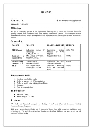 RESUME
AMRUTHAD L Email:inidavasam29@gmail.com
Phone No: 9742796233
Objective:
To get a challenging position in an organization, allowing me to utilize my education and while
gaining valuable work experience in a team oriented environment. Where I can contribute my skill
and experience to the further development of the organization and achieve growth in my professional
career.
Scholastics:
COURSE COLLEGE BOARD/UNIVERSITY RESULTS
MBA(Finance) Siddaganga Institute Of
Technology
TUMKUR 2014-16
Autonomous Institute
Affiliated to VTU,
Belgaum
CGPA 7.90
Bachelor of
Science(B.Sc)
BMS College for Women
Bangalore 2011-2014
Bangalore University 60.40%
Pre-University
College(PUC)
PES PU College
Bangalore 2009-2011
Department Of Pre-
University Education
49.33%
SSLC Priya English School
Turuvekere 2008-2009
Karnataka Secondary
School Of Education
Board
79.68%
Interpersonal Skills:
 Excellent team building skills.
 Ability to cope up with different situation.
 Ability to rapidly build relationship and trust.
 Confident
 Good in communication.
IT Proficiency:
 Microsoft Office
 SAP training of “SAPB1”
Projects:
“A Study on Technical Analysis on Banking Sector” undertaken at Sharekhan Limited,
Hanumanthnagar, Bangalore.
This project is done by considering top 10 banks, top 5 banks from public sector and top 5 banks from
private sector. This study helps to analyze the risk appetite of the 10 banks and when to buy and sell
shares of all these banks.
 