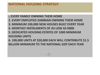 1. EVERY FAMILY OWNING THEIR HOME
2. EVERY EMPLOYED ZAMBIAN OWNING THEIR HOME
3. MINIMUM 100,000 NEW HOUSES BUILT EVERY YEAR
4. MONTHLY INSTALMENTS OF AS LOW AS K800
5. DEDICATED HOUSING ESTATES OF 1000 MINIMUM
HOUSING UNITS
6. 100,000 UNITS AT $20,000 EACH WILL CONTRIBUTE $1.5
BILLION MINIMUM TO THE NATIONAL GDP EACH YEAR
Proposed strategies for investingNATIONAL HOUSING STRATEGY
 