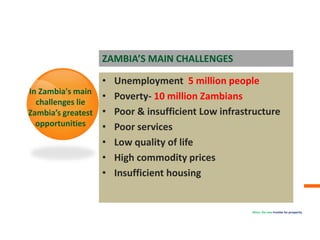 In Zambia's main
challenges lie
Zambia’s greatest
opportunities
Africa- the new Frontier for prosperity
ZAMBIA’S MAIN CHALLENGES
• Unemployment 5 million people
• Poverty- 10 million Zambians
• Poor & insufficient Low infrastructure
• Poor services
• Low quality of life
• High commodity prices
• Insufficient housing
 
