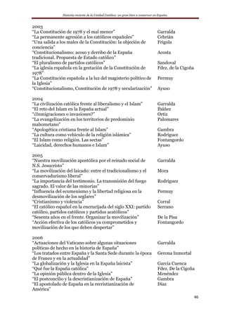 Historia reciente de la Unidad Católica: un gran bien a conservar en España.
46
2003
“La Constitución de 1978 y el mal menor” Garralda
“La permanente agresión a los católicos españoles” Cebrián
“Una salida a los males de la Constitución: la objeción de
conciencia”
Frigola
“Constitucionalismo: acoso y derribo de la España
tradicional. Propuesta de Estado católico”
Acosta
“El pluralismo de partidos católicos” Sandoval
“La iglesia española en la gestación de la Constitución de
1978”
Fdez. de la Cigoña
“La Constitución española a la luz del magisterio político de
la Iglesia”
Permuy
“Constitucionalismo, Constitución de 1978 y secularización” Ayuso
2004
“La civilización católica frente al liberalismo y el Islam” Garralda
“El reto del Islam en la España actual” Ibáñez
“¿Inmigraciones o invasiones?” Ortiz
“La evangelización en los territorios de predominio
mahometano”
Palomares
“Apologética cristiana frente al Islam” Gambra
“La cultura como vehículo de la religión islámica” Rodríguez
“El Islam como religión. Las sectas” Fontangordo
“Laicidad, derechos humanos e Islam” Ayuso
2005
“Nuestra movilización apostólica por el reinado social de
N.S. Jesucristo”
Garralda
“La movilización del laicado: entre el tradicionalismo y el
conservadurismo liberal”
Mora
“La importancia del testimonio. La transmisión del fuego
sagrado. El valor de las minorías”
Rodríguez
“Influencia del ecumenismo y la libertad religiosa en la
desmovilización de los seglares”
Permuy
“Cristianismo y violencia” Corral
“El católico español en la encrucijada del siglo XXI: partido
católico, partidos católicos y partidos acatólicos”
Serrano
“Sesenta años en el frente. Organizar la movilización” De la Pisa
“Acción efectiva de los católicos ya comprometidos y
movilización de los que deben despertar”
Fontangordo
2006
“Actuaciones del Vaticano sobre algunas situaciones
políticas de hecho en la historia de España”
Garralda
“Los tratados entre España y la Santa Sede durante la época
de Franco y en la actualidad”
Gerona Inmortal
“La globalización y la Iglesia en la España laicista” García Cuenca
“Qué fue la España católica” Fdez. De la Cigoña
“La opinión pública dentro de la Iglesia” Menéndez
“El postconcilio y la descristianización de España” Gambra
“El apostolado de España en la recristianización de
América”
Díaz
 