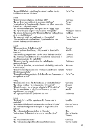 Historia reciente de la Unidad Católica: un gran bien a conservar en España.
47
“Imposibilidad de restablecer la unidad católica siendo
indiferentes ante el laicismo”
De la Pisa
2007
“Persecuciones religiosas en el siglo XIX” Garralda
“La ley de recuperación de la memoria histórica” Permuy
“Apología de la España católica frente a las falsas memorias
históricas. La leyenda negra”
Plana
“La persecución religiosa en España entre 1934 y 1939” Picas
“La república que no pudo ser, un clero perseguido” Rodríguez Velasco
“La misión de la asociación ‘Hispania Martyr’ en la defensa
de la verdad histórica”
Del Pozo
“La memoria histórica jurídica de la Hispanidad” García Cuenca
“Memoria histórica del exilio en España del clero con
motivo de la revolución francesa”
Gutiérrez G.
2008
“El pensamiento de la Ilustración” Brocos
“Los principios filosóficos y religiosos de la Revolución
francesa”
Morillo
“Moderados y progresistas: las dos caras de la revolución” Gambra
“La penetración del ideario de la Revolución francesa en el
constitucionalismo del siglo XIX”
Garralda
“Desamortización y exclaustración en la España
postnapoleónica”
Gutiérrez
“La libertad de cultos y el matrimonio civil obligatorio en la
Constitución”
Serrano
“Pervivencia del pensamiento revolucionario francés en la II
República española”
Permuy
“Recepción del pensamiento de la Revolución francesa en el
europeísmo actual”
De la Pisa
2009
“Presentación de las XX Jornadas de la Unidad Católica” Garralda
“La Iglesia católica y la restauración (1874-1931)” Serrano
“El catolicismo y los primeros años de la IIª República” Permuy
“La persecución de la religión católica en el período
republicano (1934-1939)”
Alcalá
“La legislación católica y el nuevo Estado” De la Pisa
2010
“Retirada del crucifijo: apostasía del Estado y de la
sociedad”
Morillo
“Confesionalidad católica ante confesionalidad laicista” García Cuenca
“La resistencia al poder civil según el magisterio de la
Iglesia”
Garralda
“La resistencia al poder civil en la Historia” Rico
“Actuaciones de la resistencia a corto y medio plazo” García Martín-
Vicente
2011
“La invasión musulmana” Garralda
“La resistencia del pueblo católico ante la invasión García Martín-
 