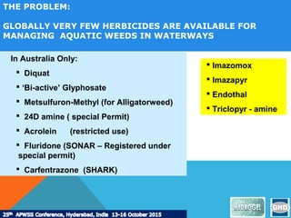 In Australia Only:
 Diquat
 ‘Bi-active’ Glyphosate
 Metsulfuron-Methyl (for Alligatorweed)
 24D amine ( special Permit)
 Acrolein (restricted use)
 Fluridone (SONAR – Registered under
special permit)
 Carfentrazone (SHARK)
THE PROBLEM:
GLOBALLY VERY FEW HERBICIDES ARE AVAILABLE FOR
MANAGING AQUATIC WEEDS IN WATERWAYS
 Imazomox
 Imazapyr
 Endothal
 Triclopyr - amine
 