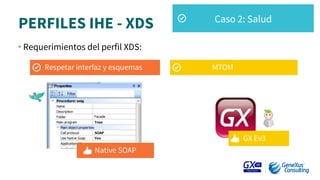 • Requerimientos del perfil XDS:


PERFILES IHE - XDS
MTOM
Respetar interfaz y esquemas
GX Ev3
Native SOAP
Caso 2: Salud
 