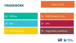 FRAMEWORK
 Caso 3: VUCE
GXFlow
PDI
GXCDigitalSign
K2B Dynamic Form
APIs
Seguridad y auditoría
 