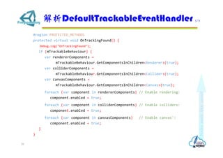 #region PROTECTED_METHODS
protected virtual void OnTrackingFound() {
Debug.Log("OnTrackingFound");
if (mTrackableBehaviour) {
var rendererComponents =
mTrackableBehaviour.GetComponentsInChildren<Renderer>(true);
var colliderComponents =
mTrackableBehaviour.GetComponentsInChildren<Collider>(true);
var canvasComponents =
mTrackableBehaviour.GetComponentsInChildren<Canvas>(true);
foreach (var component in rendererComponents) // Enable rendering:
component.enabled = true;
foreach (var component in colliderComponents) // Enable colliders:
component.enabled = true;
foreach (var component in canvasComponents) // Enable canvas':
component.enabled = true;
}
}
DefaultTrackableEventHandler 5/7
28
 