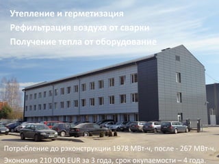Потребление до рэконструкции 1978 МВт-ч, после - 267 МВт-ч.
Экономия 210 000 EUR за 3 года, срок окупаемости – 4 года.
Утепление и герметизация
Рефильтрация воздуха от сварки
Получение тепла от оборудование
 
