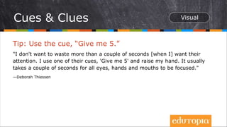 Tip: Use the cue, “Give me 5.”
"I don't want to waste more than a couple of seconds [when I] want their
attention. I use one of their cues, 'Give me 5' and raise my hand. It usually
takes a couple of seconds for all eyes, hands and mouths to be focused."
—Deborah Thiessen
Cues & Clues
 