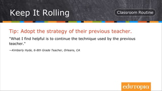Tip: Adopt the strategy of their previous teacher.
"What I find helpful is to continue the technique used by the previous
teacher."
—Kimberly Hyde, 6-8th Grade Teacher, Orleans, CA
Keep It Rolling
 