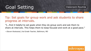 Tip: Set goals for group work and ask students to share
progress at intervals.
"I...find it helpful to set goals when they do group work and ask them to
share at intervals. This helps them to keep focused and work at a good pace."
—Steven Rookwood, 2nd Grade Teacher, Baltimore, MD
Goal Setting
 