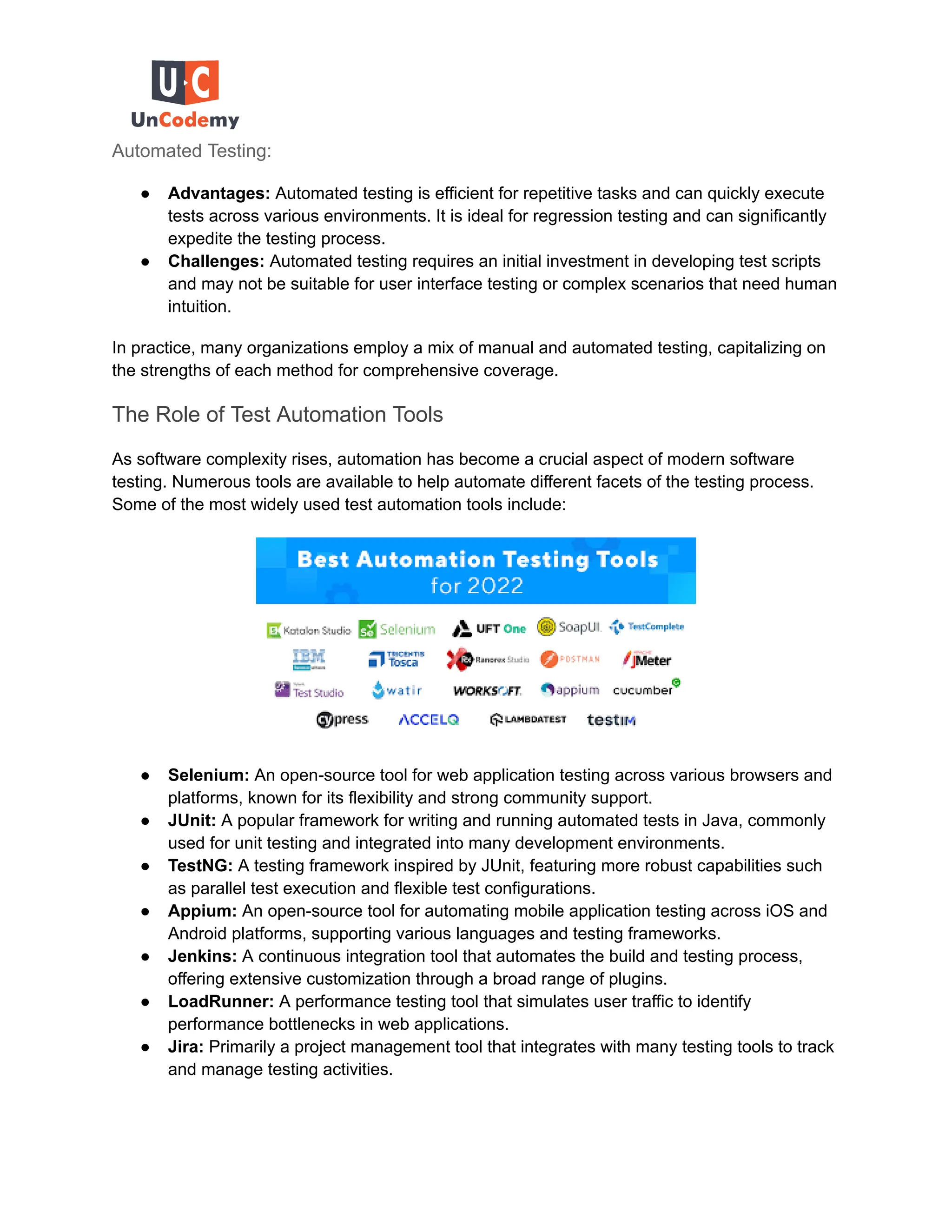 Automated Testing:
● Advantages: Automated testing is efficient for repetitive tasks and can quickly execute
tests across various environments. It is ideal for regression testing and can significantly
expedite the testing process.
● Challenges: Automated testing requires an initial investment in developing test scripts
and may not be suitable for user interface testing or complex scenarios that need human
intuition.
In practice, many organizations employ a mix of manual and automated testing, capitalizing on
the strengths of each method for comprehensive coverage.
The Role of Test Automation Tools
As software complexity rises, automation has become a crucial aspect of modern software
testing. Numerous tools are available to help automate different facets of the testing process.
Some of the most widely used test automation tools include:
● Selenium: An open-source tool for web application testing across various browsers and
platforms, known for its flexibility and strong community support.
● JUnit: A popular framework for writing and running automated tests in Java, commonly
used for unit testing and integrated into many development environments.
● TestNG: A testing framework inspired by JUnit, featuring more robust capabilities such
as parallel test execution and flexible test configurations.
● Appium: An open-source tool for automating mobile application testing across iOS and
Android platforms, supporting various languages and testing frameworks.
● Jenkins: A continuous integration tool that automates the build and testing process,
offering extensive customization through a broad range of plugins.
● LoadRunner: A performance testing tool that simulates user traffic to identify
performance bottlenecks in web applications.
● Jira: Primarily a project management tool that integrates with many testing tools to track
and manage testing activities.
 