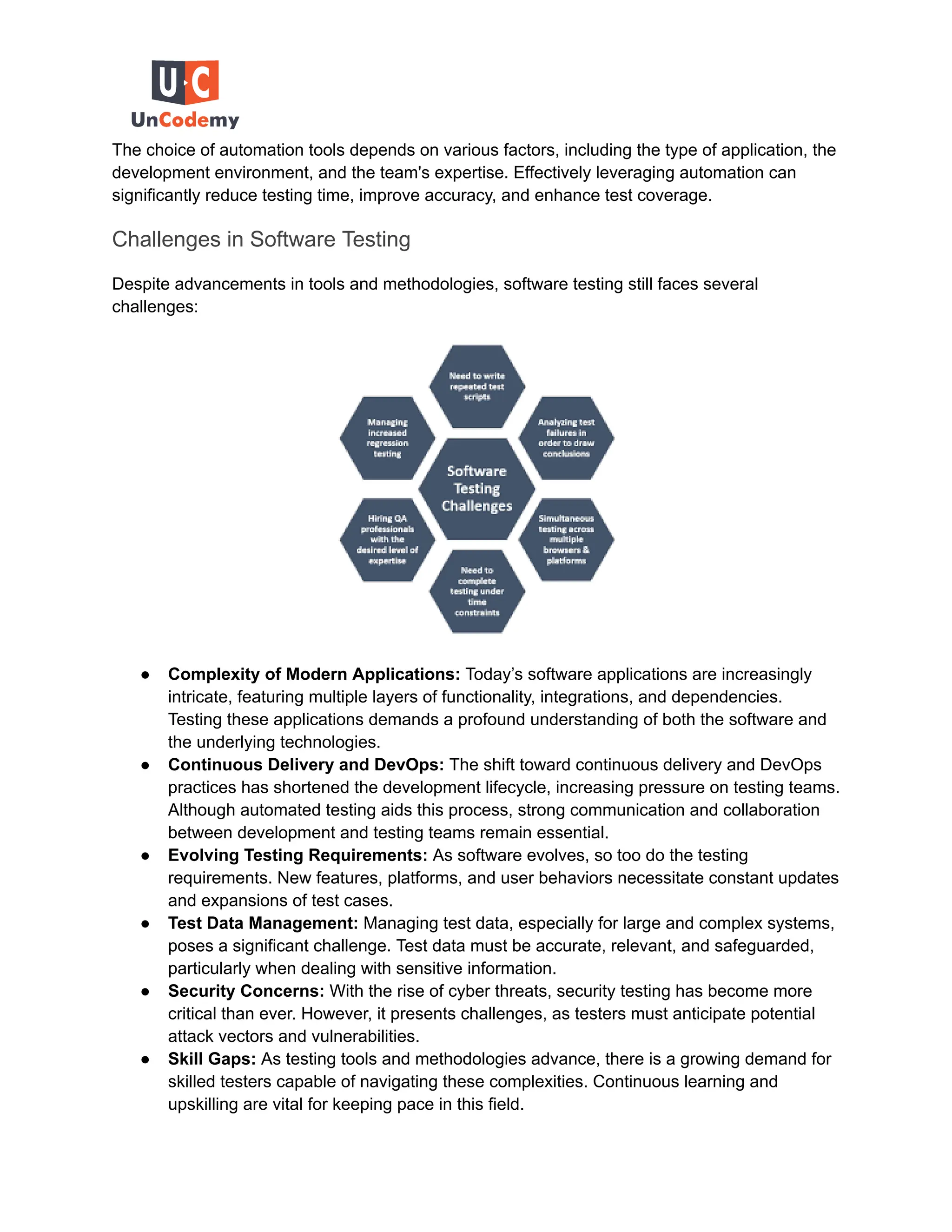 The choice of automation tools depends on various factors, including the type of application, the
development environment, and the team's expertise. Effectively leveraging automation can
significantly reduce testing time, improve accuracy, and enhance test coverage.
Challenges in Software Testing
Despite advancements in tools and methodologies, software testing still faces several
challenges:
● Complexity of Modern Applications: Today’s software applications are increasingly
intricate, featuring multiple layers of functionality, integrations, and dependencies.
Testing these applications demands a profound understanding of both the software and
the underlying technologies.
● Continuous Delivery and DevOps: The shift toward continuous delivery and DevOps
practices has shortened the development lifecycle, increasing pressure on testing teams.
Although automated testing aids this process, strong communication and collaboration
between development and testing teams remain essential.
● Evolving Testing Requirements: As software evolves, so too do the testing
requirements. New features, platforms, and user behaviors necessitate constant updates
and expansions of test cases.
● Test Data Management: Managing test data, especially for large and complex systems,
poses a significant challenge. Test data must be accurate, relevant, and safeguarded,
particularly when dealing with sensitive information.
● Security Concerns: With the rise of cyber threats, security testing has become more
critical than ever. However, it presents challenges, as testers must anticipate potential
attack vectors and vulnerabilities.
● Skill Gaps: As testing tools and methodologies advance, there is a growing demand for
skilled testers capable of navigating these complexities. Continuous learning and
upskilling are vital for keeping pace in this field.
 