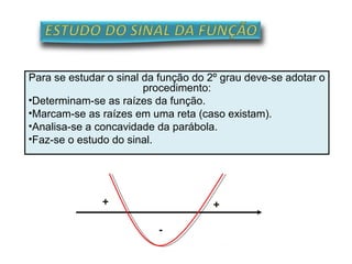 Para se estudar o sinal da função do 2º grau deve-se adotar o
procedimento:
•Determinam-se as raízes da função.
•Marcam-se as raízes em uma reta (caso existam).
•Analisa-se a concavidade da parábola.
•Faz-se o estudo do sinal.
+ +
-
 