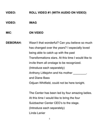VIDEO: ROLL VIDEO #1 (WITH AUDIO ON VIDEO)
VIDEO: IMAG
MIC: ON VIDEO
DEBORAH: Wasn’t that wonderful? Can you believe so much
has changed over the years? I especially loved
being able to catch up with the past
Transformations stars. At this time I would like to
invite them all onstage to be recognized.
(Introduce each separately)
Anthony Littlejohn and his mother ________,
and Diane Bass
Odjuan Whitfield, could not be here tonight.
The Center has been led by four amazing ladies.
At this time I would like to bring the four
Sulzbacher Center CEO’s to the stage.
(Introduce each separately)
Linda Lanier
5
 