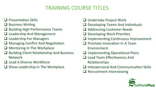 q  Presenta4on	Skills	
q  Business	Wri4ng	
q  Building	High	Performance	Teams	
q  Leadership	And	Management	
q  Leadership	For	Managers	
q  Managing	Conﬂict	And	Nego4a4on	
q  Mentoring	In	The	Workplace	
q  Building	Client	Rela4onship	And	Business	
Network	
q  Lead	A	Diverse	Workforce	
q  Show	Leadership	In	The	Workplace	
q  Undertake	Project	Work	
q  Developing	Teams	And	Individuals	
q  Addressing	Customer	Needs	
q  Developing	Work	Priori4es	
q  Implemen4ng	Con4nuous	Improvement	
q  Promote	Innova4on	In	A	Team	
Environment	
q  Implemen4ng	Opera4onal	Plans		
q  Lead	Team	Eﬀec4veness	And	
Rela4onships	
q  Interpersonal	And	Communica4on	Skills		
q  Recruitment	Interviewing	
TRAINING	COURSE	TITLES	
 