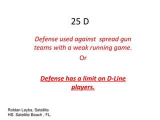 25 D
Defense used against spread gun
teams with a weak running game.
Or
Defense has a limit on D-Line
players.
Roldan Leyba, Satellite
HS. Satellite Beach , FL.
 