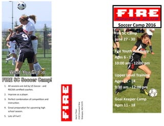 Soccer Camp 2016
Fire SC Camp
June 27 - 30
Fire Youth Academy
Ages 6 - 11
10:00 am - 12:00 pm
Upper Level Training
Ages 12 - 18
9:30 am - 12:00 pm
Goal Keeper Camp
Ages 11 - 18
1. All sessions are led by US Soccer - and
NSCAA certified coaches.
2. Improve as a player.
3. Perfect combination of competition and
instruction.
4. Great preparation for upcoming high
school season.
5. Lots of Fun!!
AaronTilsen
2142GrovelandWay
Shakopee,MN55379
 