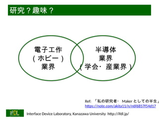 06/13/2025 Interface Device Laboratory, Kanazawa University http://ifdl.jp/
研究？趣味？
電子工作
（ホビー）
業界
半導体
業界
（学会・産業界）
Ref: 「私の研究者・ Maker としての半生」
https://note.com/akita11/n/n6f6857f54d17
 