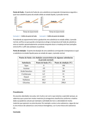 Ponto de fusão - O ponto de fusão de uma substância corresponde à temperatura segundo a
qual essa substância passa do estado sólido ao estado líquido, à pressão normal.




Ilustração 3 – Gráfico do ponto de Fusão   ilustração 4 – Gráfico do ponto de ebulição

Procedendo ao aquecimento lento e gradual de uma substância no estado sólido, à pressão
normal, verifica-se que quando a temperatura atinge a temperatura de fusão da substância
esta se mantém aproximadamente constante enquanto durar a mudança de fase (variações
entre 0,5ºC e 1,0ºC são aceitáveis na prática).

Ponto de ebulição - O ponto de ebulição de uma substância corresponde à temperatura à qual
a substância no estado líquido passa ao estado de vapor, à pressão normal.

          Pontos de fusão e de ebulição característicos de algumas substâncias
                                  (à pressão normal)
              Substância               Ponto de fusão (ºC)           Ponto de ebulição (ºC)
                Água                            0                             100
                 Acetona                        -95                                56
            Ácido benzóico                     122                                249
              Ciclohexano                       6,5                                81
                  Etanol                       -117                                79
                Naftaleno                      80,5                               218
                Glicerina                      18,0                             290,0




Procedimento

Os assuntos abordados nas aulas, tem muito a ver com o que estamos a aprender porque, ao
sabermos que a praia tem muitos materiais já conseguimos classificá-los conforme a matéria
dada e já podemos calcular por exemplo a salinidade do mar e a densidade de muitos
materiais que aprecem na areia da praia. Por exemplo a areia e uma substancia, a água do mar
é uma mistura de substancia e uma mistura homogénea, o ar é uma mistura de substancia
etc…

Conclusão
 