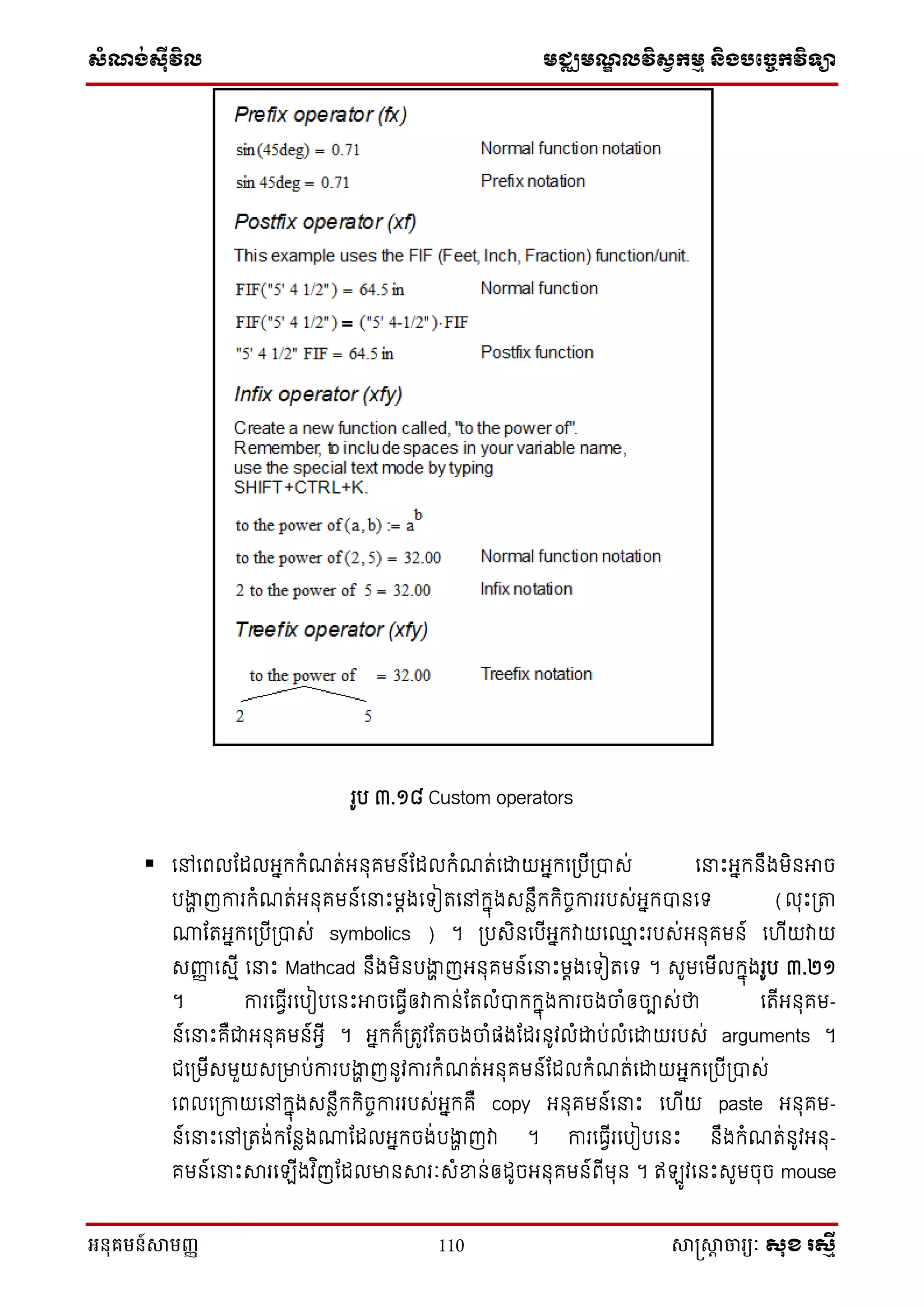 សំណង់ស៊ីវិល មជ្ឈមណឌលវិសវកមម និងបច្ចេកវិទ្្ា
អនុគមន៍សាមញ្ញ 110 សាស្រ្សាា ចារ្យៈ សុខ រសមី
រូប ៣.១៨ Custom operators
 នៅនពលណែលអនក្ក្ំែត់អ ុគម ៍ណែលក្ំែត់នដ្ឋយអនក្នស្របីស្រាស់ ននេះអនក្ ឹងមិ អាច
បងាា ញការក្ំែត់អ ុគម ៍ននេះមតងនទ្ៀតនៅក្នុងស លឹក្ក្ិចេការរបស់អនក្ា នទ្ (លុេះស្រតា
ណាណតអនក្នស្របីស្រាស់ symbolics ) ។ ស្របសិ នបីអនក្វាយន្ម េះរបស់អ ុគម ៍ ន ីយវាយ
សញ្ញញ នសមី ននេះ Mathcad ឹងមិ បងាា ញអ ុគម ៍ននេះមតងនទ្ៀតនទ្ ។ សូមនមីលក្នុងរូប ៣.២១
។ ការនធវីរនបៀបន េះអាចនធវីឲវាកា ់ណតលំាក្ក្នុងការចងចាំឲចាស់ថា នតីអ ុគម-
៍ននេះគឺជាអ ុគម ៍អវី ។ អនក្ក្៏ស្រតូវណតចងចាំផងណែរ ូវលំដ្ឋប់លំនដ្ឋយរបស់ arguments ។
ជនស្រមីសមួយសស្រមាប់ការបងាា ញ ូវការក្ំែត់អ ុគម ៍ណែលក្ំែត់នដ្ឋយអនក្នស្របីស្រាស់
នពលនស្រកាយនៅក្នុងស លឹក្ក្ិចេការរបស់អនក្គឺ copy អ ុគម ៍ននេះ ន ីយ paste អ ុគម-
៍ននេះនៅស្រតង់ក្ណ លងណាណែលអនក្ចង់បងាា ញវា ។ ការនធវីរនបៀបន េះ ឹងក្ំែត់ ូវអ ុ-
គម ៍ននេះារនឡីងវ ិញណែលមា ារៈសំខា ់ឲែូចអ ុគម ៍ពីមុ ។ ឥឡូវន េះសូមចុច mouse
 