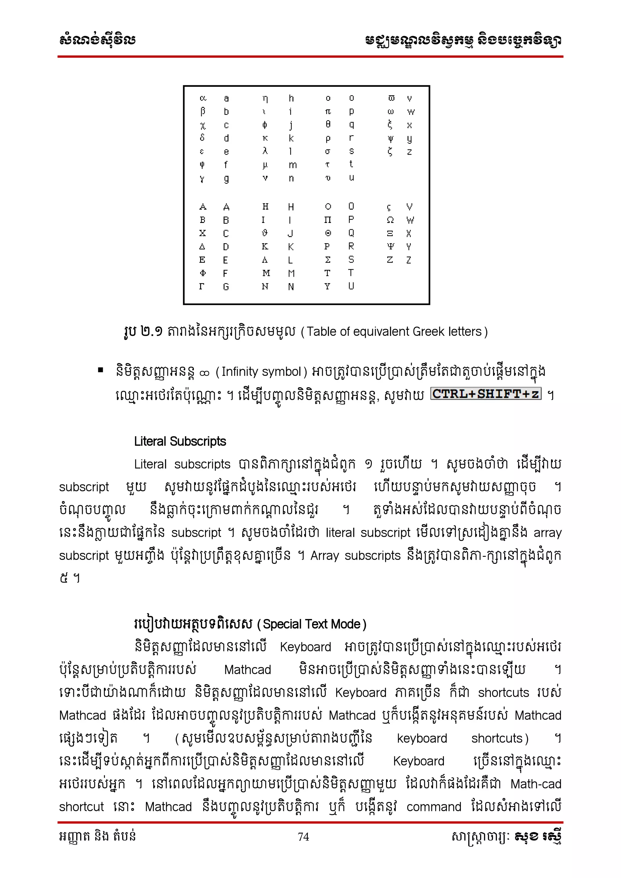 សំណង់ស៊ីវិល មជ្ឈមណឌលវិសវកមម និងបច្ចេកវិទ្្ា
អញ្ញា ត និង តំបន់ 74 សាស្រ្សាា ចារ្យៈ សុខ រសមី
រូប ២.១ តរាងម្នអក្ែរស្រក្ិចេមមូល (Table of equivalent Greek letters)
 និមិតតេញ្ញញ អននត ∞ (Infinity symbol) អាចស្រតូវបានថស្របើស្របាេ់ស្រតឹមដតជាតួចប់ថផតើមថៅក្នុង
ថ្ម េះអថេរដតបុថោណ េះ ។ ថដើមបើបញ្ចូ លនិមិតតេញ្ញញ អននត, េូមវាយ ។
Literal Subscripts
Literal subscripts បានពិភាក្ាថៅក្នុងជំពូក្ ១ រួចថ ើយ ។ េូមចងចំថា ថដើមបើវាយ
subscript មួយ េូមវាយនូវដផនក្ដំបូងម្នថ្ម េះរបេ់អថេរ ថ ើយបនាា ប់មក្េូមវាយេញ្ញញ ចុច ។
ចំណុ ចបញ្ចូ ល នឹងធ្លៃ ក្់ចុេះថស្រកាមពាក្់ក្ោត លម្នជួរ ។ តួទាំងអេ់ដដលបានវាយបនាា ប់ពើចំណុ ច
ថនេះនឹងកាៃ យជាដផនក្ម្ន subscript ។ េូមចងចំដដរថា literal subscript ថមើលថៅស្រេថដៀងគ្ន នឹង array
subscript មួយអញ្ចឹង បុដនតវាស្របស្រពឹតតសុេគ្ន ថស្រចើន ។ Array subscripts នឹងស្រតូវបានពិភា-ក្ាថៅក្នុងជំពូក្
៥ ។
រថបៀបវាយអតថបទពិថេេ (Special Text Mode)
និមិតតេញ្ញញ ដដលមានថៅថលើ Keyboard អាចស្រតូវបានថស្របើស្របាេ់ថៅក្នុងថ្ម េះរបេ់អថេរ
បុដនតេស្រមាប់ស្របតិបតតិការរបេ់ Mathcad មិនអាចថស្របើស្របាេ់និមិតតេញ្ញញ ទាំងថនេះបានថ ើយ ។
ថទាេះបើជាយងោក្៏ថោយ និមិតតេញ្ញញ ដដលមានថៅថលើ Keyboard ភាគថស្រចើន ក្៏ជា shortcuts របេ់
Mathcad ផងដដរ ដដលអាចបញ្ចូ លនូវស្របតិបតតិការរបេ់ Mathcad ឬក្៏បថងកើតនូវអនុគមន៍របេ់ Mathcad
ថផែងៗថទៀត ។ (េូមថមើលឧបេមព័នធេស្រមាប់តរាងបញ្ជើម្ន keyboard shortcuts) ។
ថនេះថដើមបើទប់ាក ត់អនក្ពើការថស្របើស្របាេ់និមិតតេញ្ញញ ដដលមានថៅថលើ Keyboard ថស្រចើនថៅក្នុងថ្ម េះ
អថេររបេ់អនក្ ។ ថៅថពលដដលអនក្ពាយមថស្របើស្របាេ់និមិតតេញ្ញញ មួយ ដដលវាក្៏ផងដដរគឺជា Math-cad
shortcut ថនាេះ Mathcad នឹងបញ្ចូ លនូវស្របតិបតតិការ ឬក្៏ បថងកើតនូវ command ដដលេំអាងថៅថលើ
 