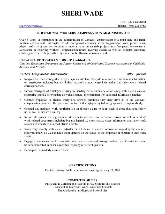 sheri wade resume workers comp workers compensation resume