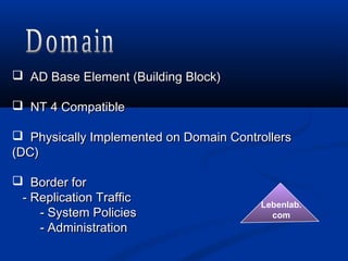 Lebenlab.
com
 AD Base Element (Building Block)AD Base Element (Building Block)
 NT 4 CompatibleNT 4 Compatible
 Physically Implemented on Domain ControllersPhysically Implemented on Domain Controllers
(DC)(DC)
 Border forBorder for
- Replication Traffic- Replication Traffic
- System Policies- System Policies
- Administration- Administration
 