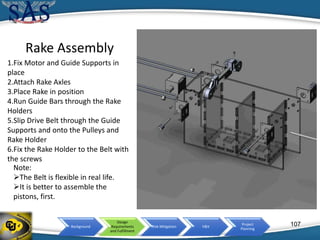 Background
Design
Requirements
and Fulfillment
Risk Mitigation V&V
Project
Planning
Rake Assembly
1.Fix Motor and Guide Supports in
place
2.Attach Rake Axles
3.Place Rake in position
4.Run Guide Bars through the Rake
Holders
5.Slip Drive Belt through the Guide
Supports and onto the Pulleys and
Rake Holder
6.Fix the Rake Holder to the Belt with
the screws
Note:
The Belt is flexible in real life.
It is better to assemble the
pistons, first.
107
 