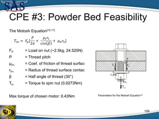 CPE #3: Powder Bed Feasibility
The Motosh Equation[10,11]
FP = Load on nut (~2.5kg, 24.525N)
P = Thread pitch
µt/n = Coef. of friction of thread surface
rt/n = Radius of thread surface contact
β = Half angle of thread (30°)
Tin = Torque to spin nut (0.0273Nm)
Max torque of chosen motor: 0.43Nm Parameters for the Motosh Equation12
109
 