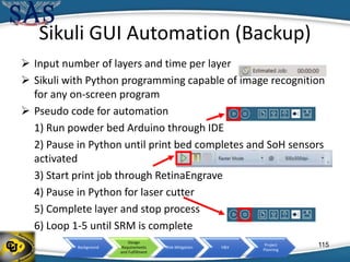 Background
Design
Requirements
and Fulfillment
Risk Mitigation V&V
Project
Planning
Sikuli GUI Automation (Backup)
 Input number of layers and time per layer
 Sikuli with Python programming capable of image recognition
for any on-screen program
 Pseudo code for automation
1) Run powder bed Arduino through IDE
2) Pause in Python until print bed completes and SoH sensors
activated
3) Start print job through RetinaEngrave
4) Pause in Python for laser cutter
5) Complete layer and stop process
6) Loop 1-5 until SRM is complete
115
 