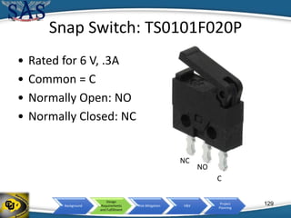 Background
Design
Requirements
and Fulfillment
Risk Mitigation V&V
Project
Planning
Snap Switch: TS0101F020P
• Rated for 6 V, .3A
• Common = C
• Normally Open: NO
• Normally Closed: NC
129
NC
NO
C
 